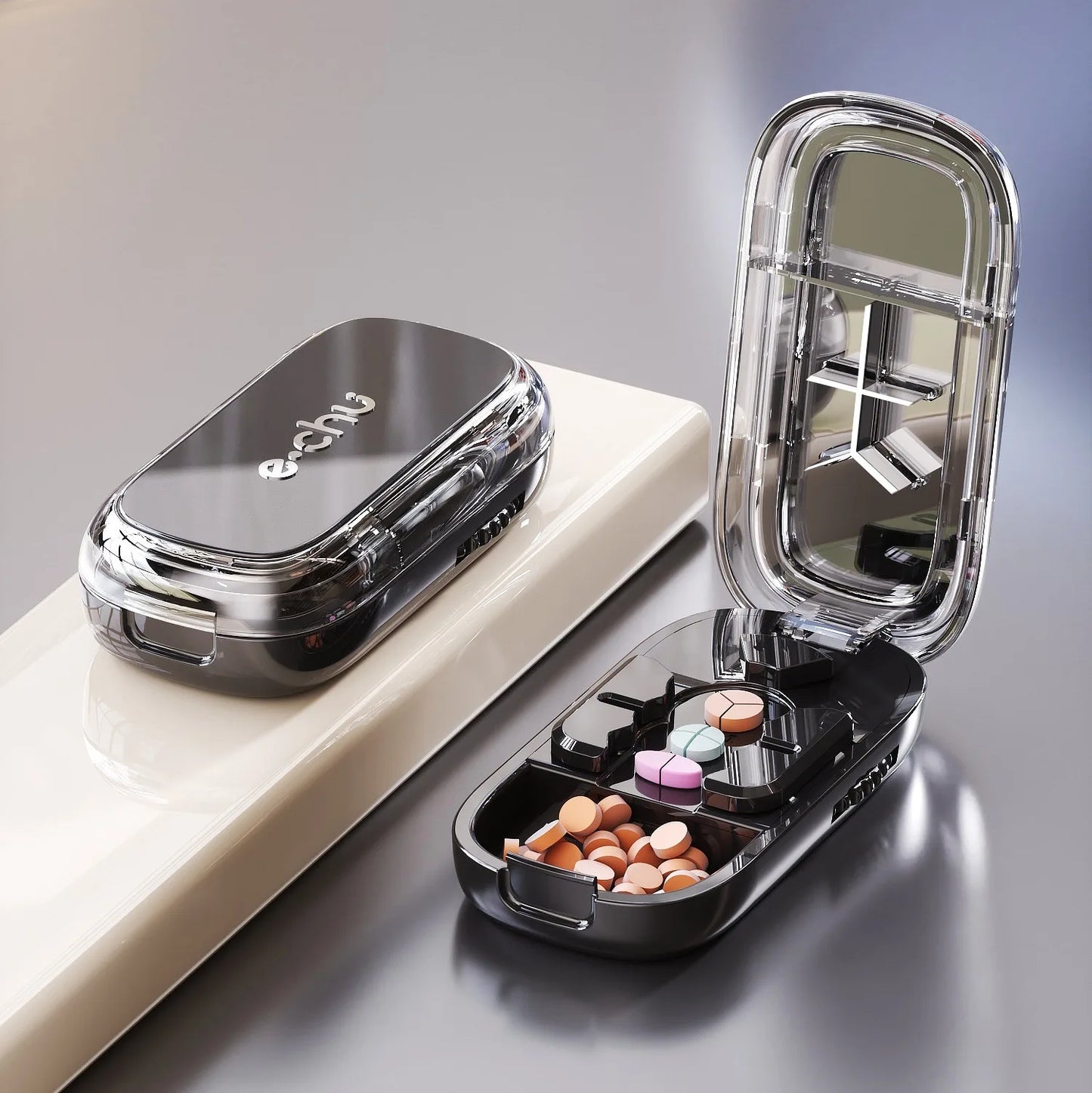 Coupe-comprimés portable 4-en-1 avec pilulier, broyeur et compartiment de rangement étanche à la poussière