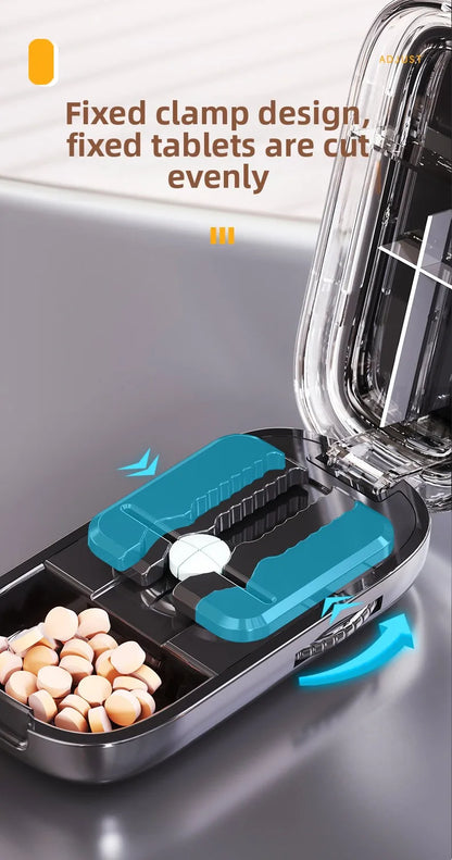Coupe-comprimés portable 4-en-1 avec pilulier, broyeur et compartiment de rangement étanche à la poussière