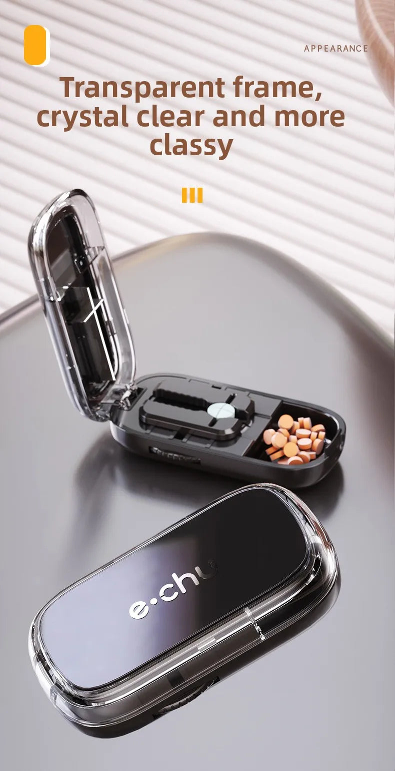Coupe-comprimés portable 4-en-1 avec pilulier, broyeur et compartiment de rangement étanche à la poussière
