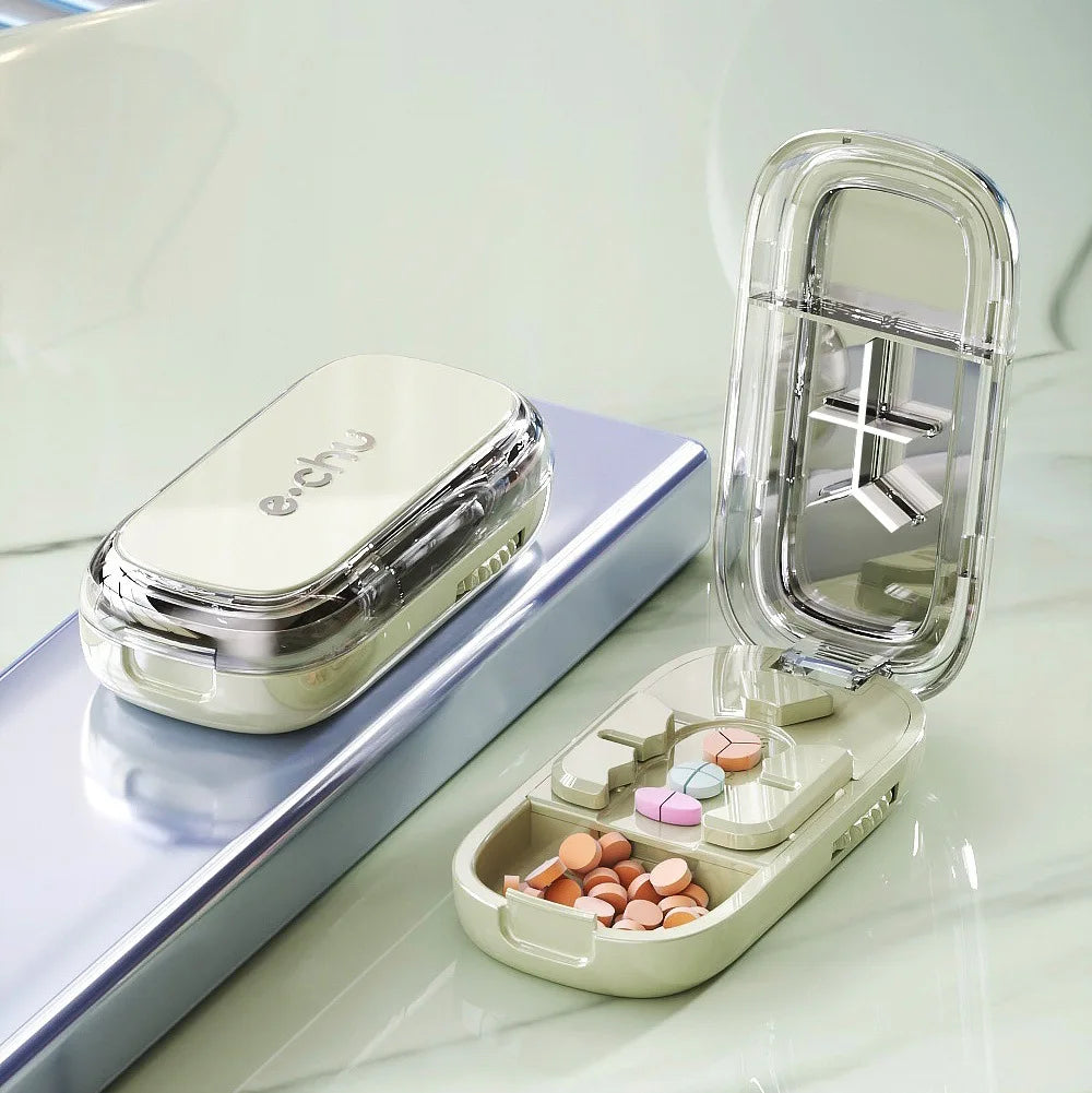 Coupe-comprimés portable 4-en-1 avec pilulier, broyeur et compartiment de rangement étanche à la poussière