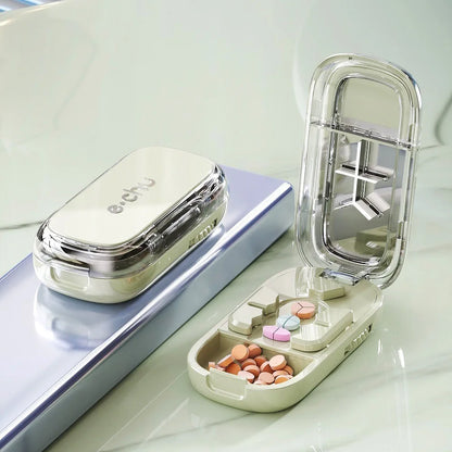 Coupe-comprimés portable 4-en-1 avec pilulier, broyeur et compartiment de rangement étanche à la poussière