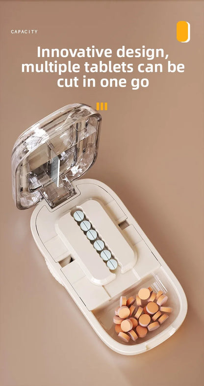 Coupe-comprimés portable 4-en-1 avec pilulier, broyeur et compartiment de rangement étanche à la poussière